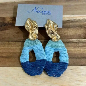 Nakamol Thailand Coastal Blues Raffia Earrings. Gold posts. Chic. Trendy. NWTS!!